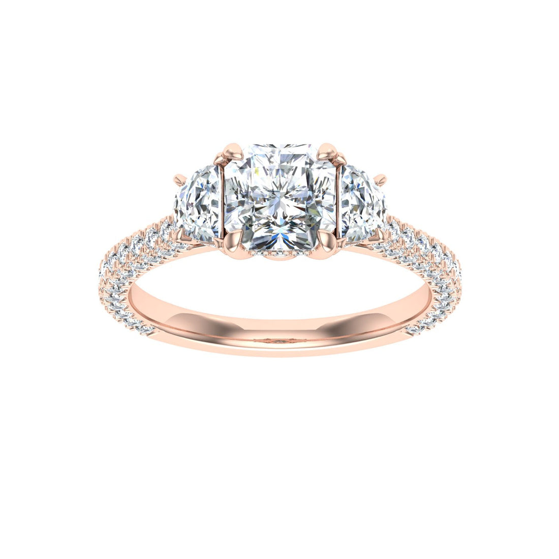 Crowncut Asscher 3 Stone Moissanite Engagement Ring Rose Gold