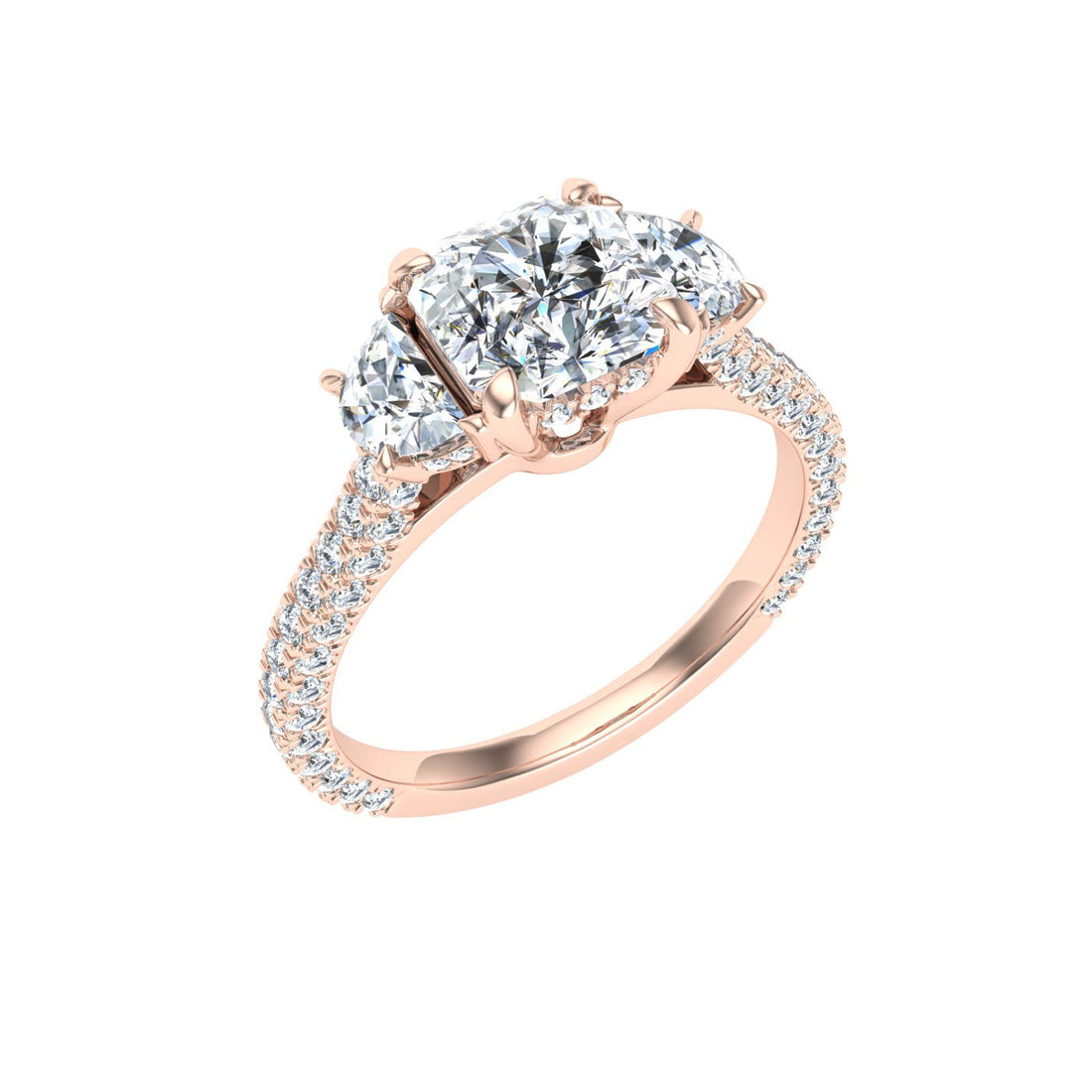 Crowncut Asscher 3 Stone Moissanite Engagement Ring Rose Gold