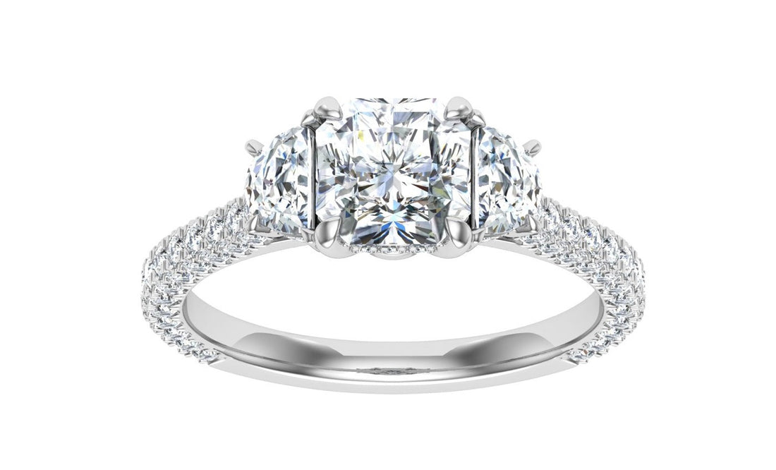 Crowncut Asscher 3 Stone Moissanite Engagement Ring White Gold