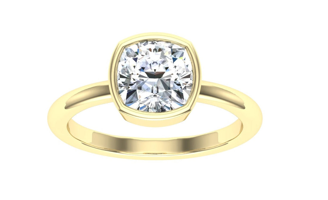 Dynasty Cushion Cut Bezel Solitaire Moissanite Engagement Ring Yellow Gold