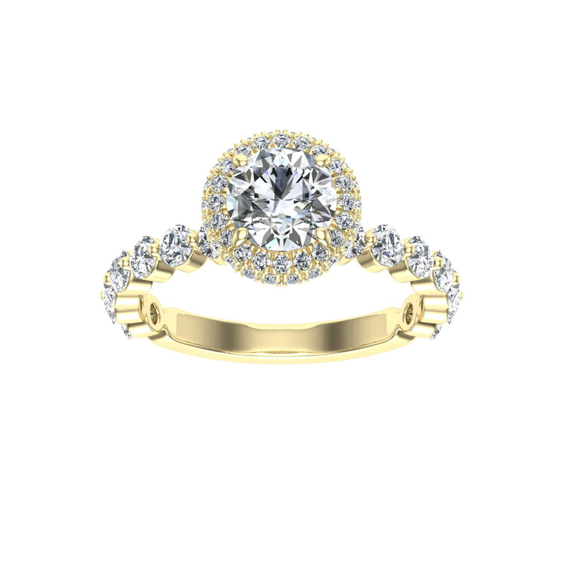 Engraved Round Cut Double Edge Halo Moissanite Engagement Ring Yellow Gold