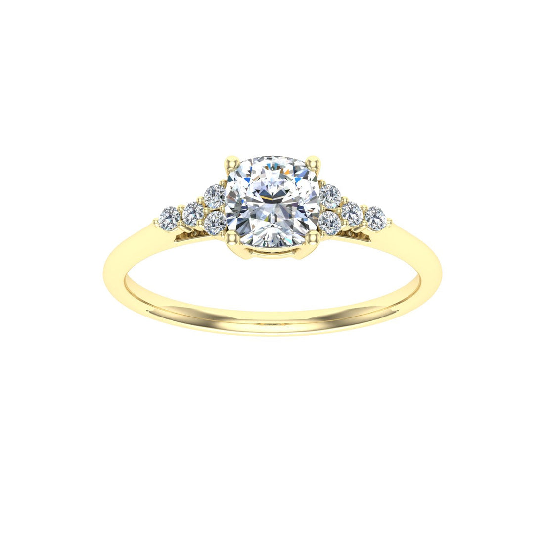 Everglow Cushion Cut Side Stones Moissanite Engagement Ring Yellow Gold