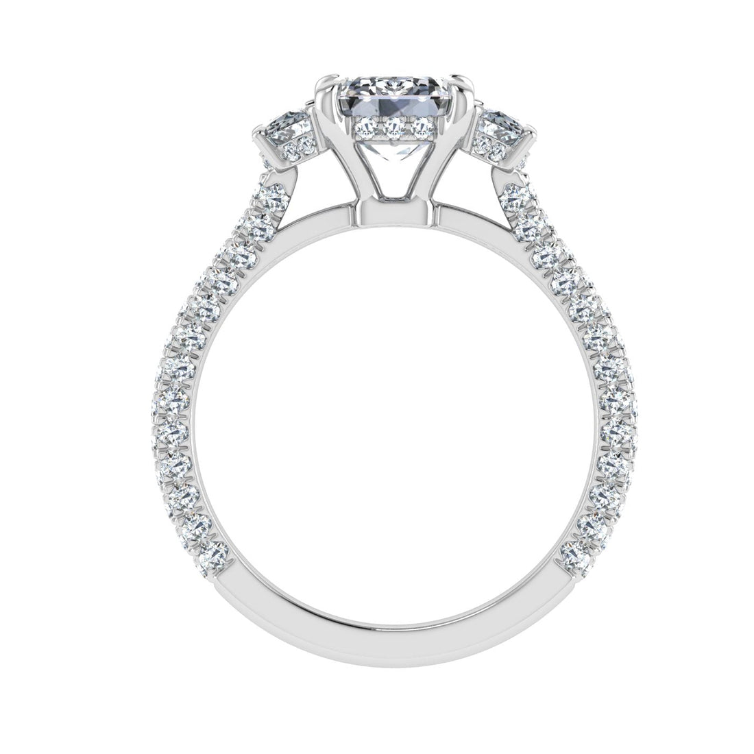 Flare Emerald 3 Stone Moissanite Engagement Ring White Gold