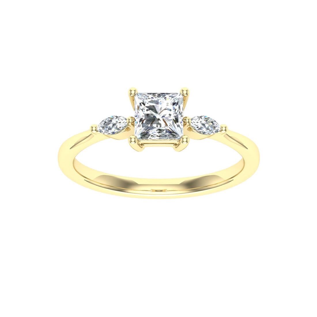 Majestic Princess 3 Stone Moissanite Engagement Ring  Yellow Gold