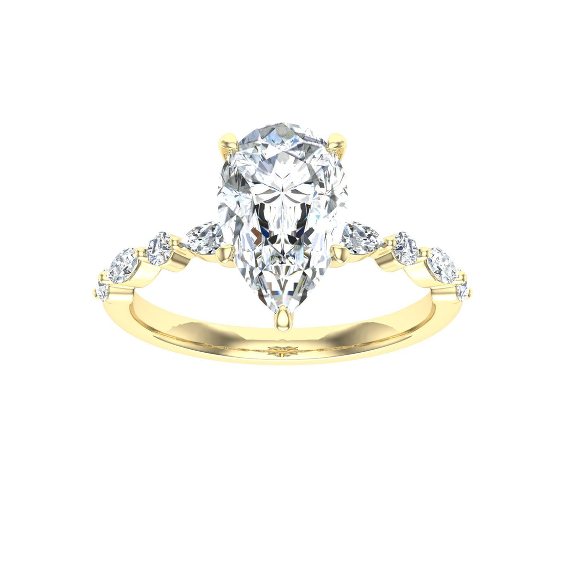 Moondrop Pear Cut Side Stones Moissanite Engagement Ring Yellow Gold