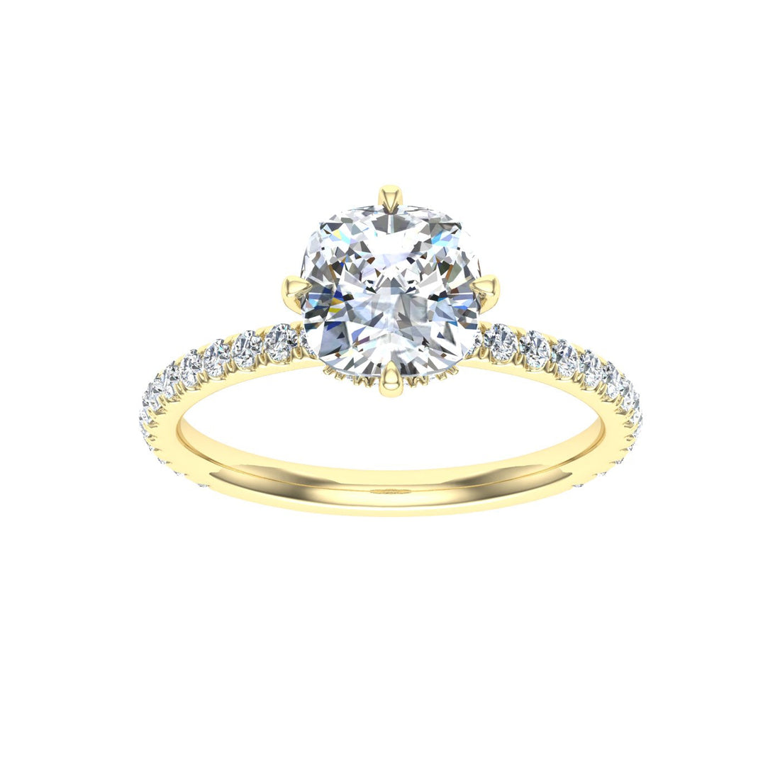 Shine Cushion Cut Compass Prong Moissanite Engagement Ring Yellow Gold