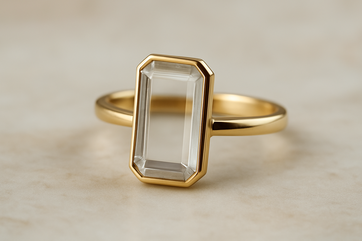 Portrait cut diamond ring with a thin transparent rectangular diamond