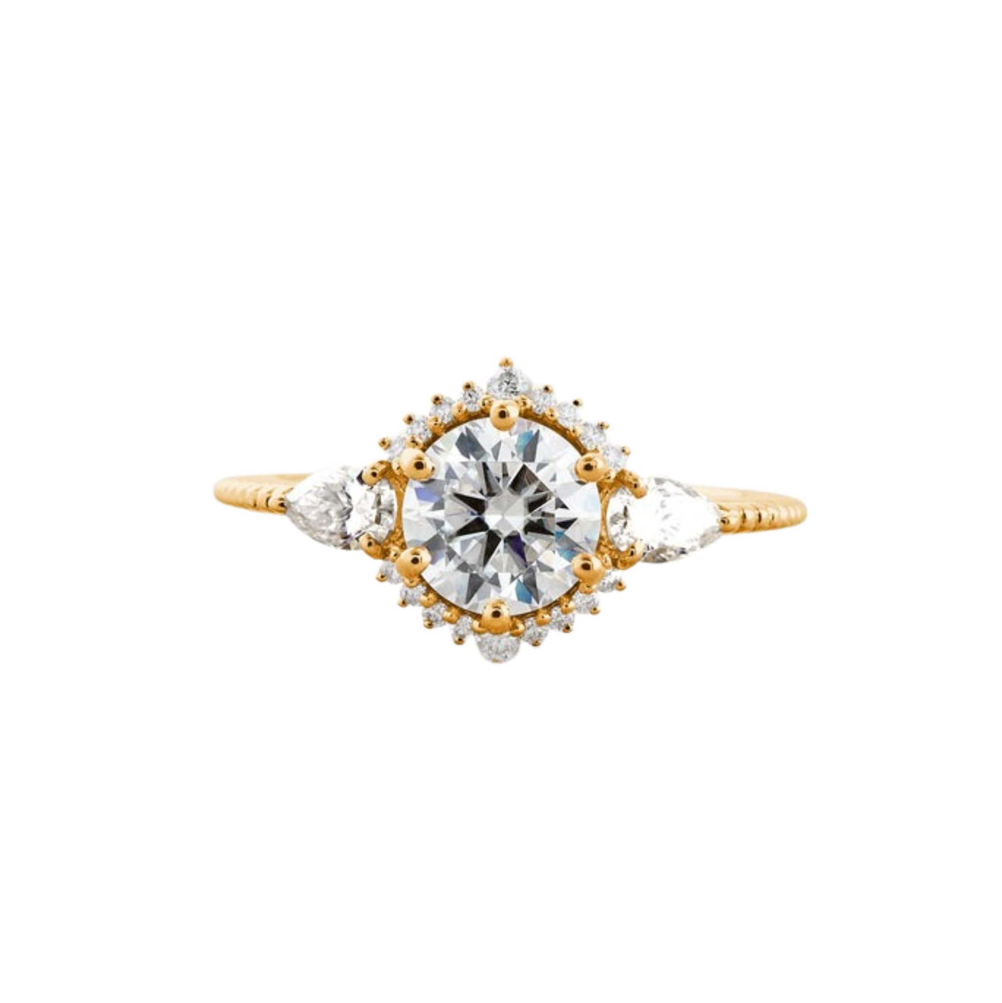 1.1 CT Round Cut Halo Moissanite Engagement Ring Yellow Gold 