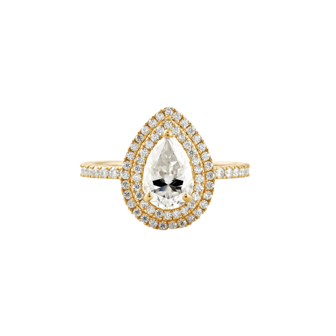 1.33 CT Pear Cut Double Halo Moissanite Engagement Ring Yellow Gold