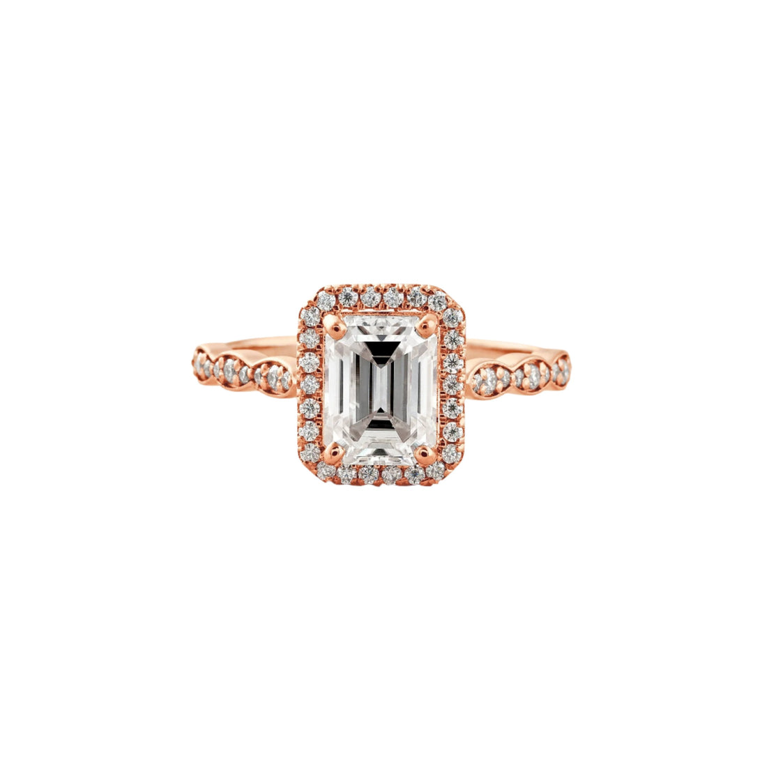 1.6 CT Emerald Cut Halo Pave Moissanite Engagement Ring Rose Gold