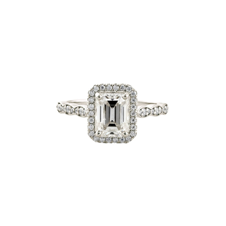 1.6 CT Emerald Cut Halo Pave Moissanite Engagement Ring White Gold