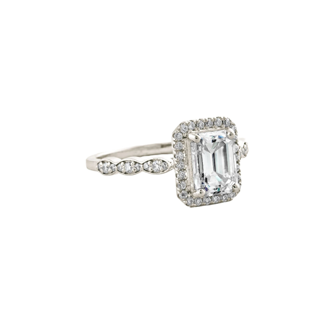 1.6 CT Emerald Cut Halo Pave Moissanite Engagement Ring White Gold