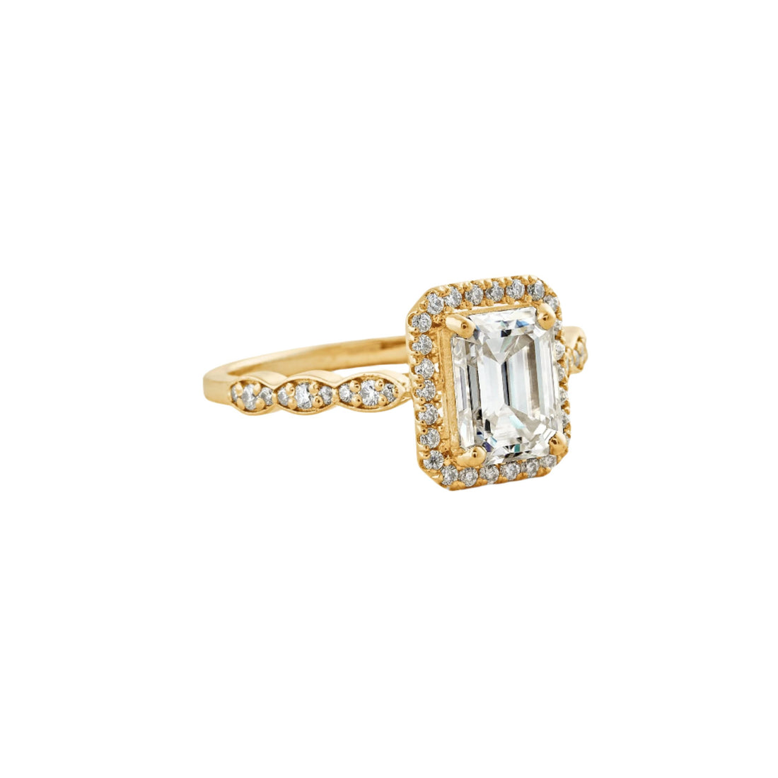 1.6 CT Emerald Cut Halo Pave Moissanite Engagement Ring Yellow Gold