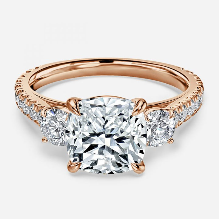 Florania Three Stone Cushion Moissanite Engagement Ring Rose Gold