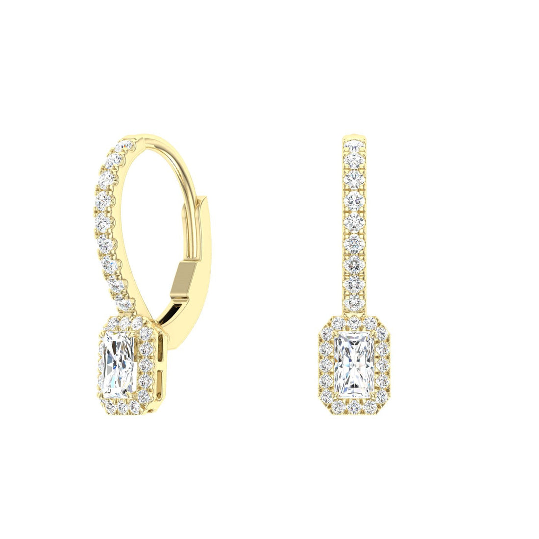 Radiant Cut Halo Moissanite Drops Yellow Gold