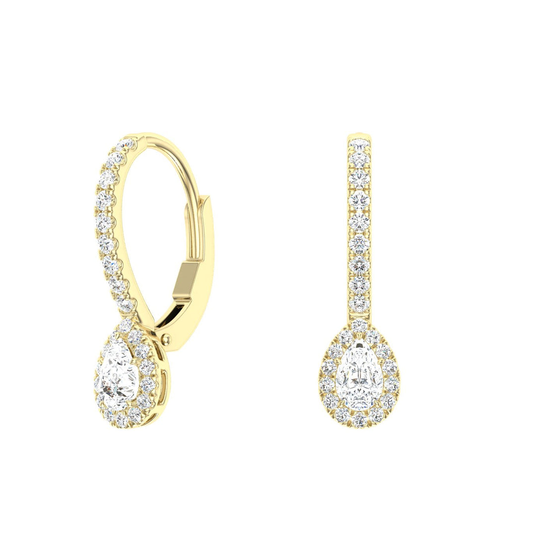 Pear Cut Halo Moissanite Drops Yellow Gold