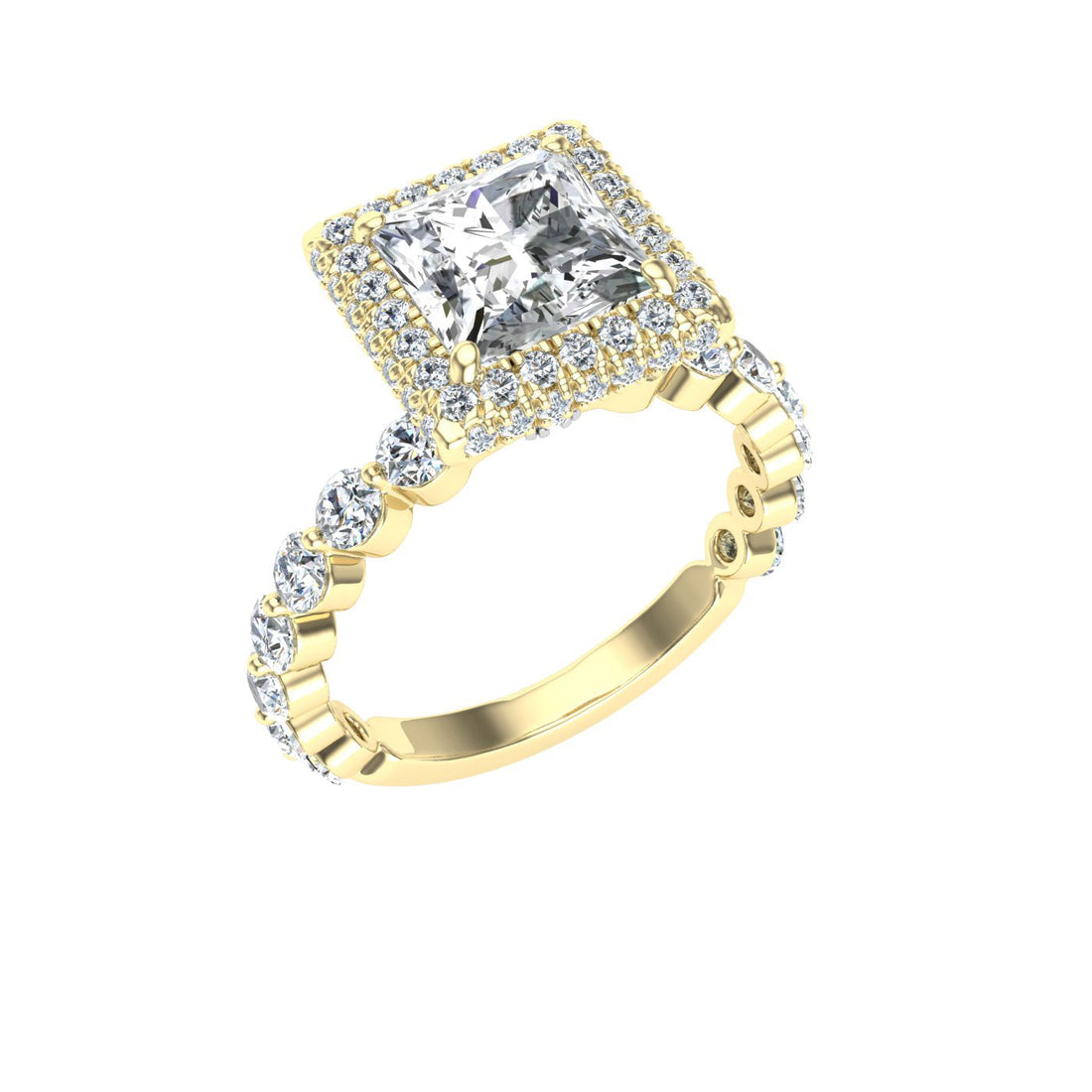 Amulet Princess Cut Double Edge Halo Moissanite Engagement Ring Yellow Gold