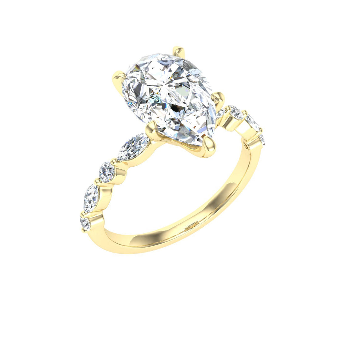 Moondrop Pear Cut Side Stones Moissanite Engagement Ring Yellow Gold