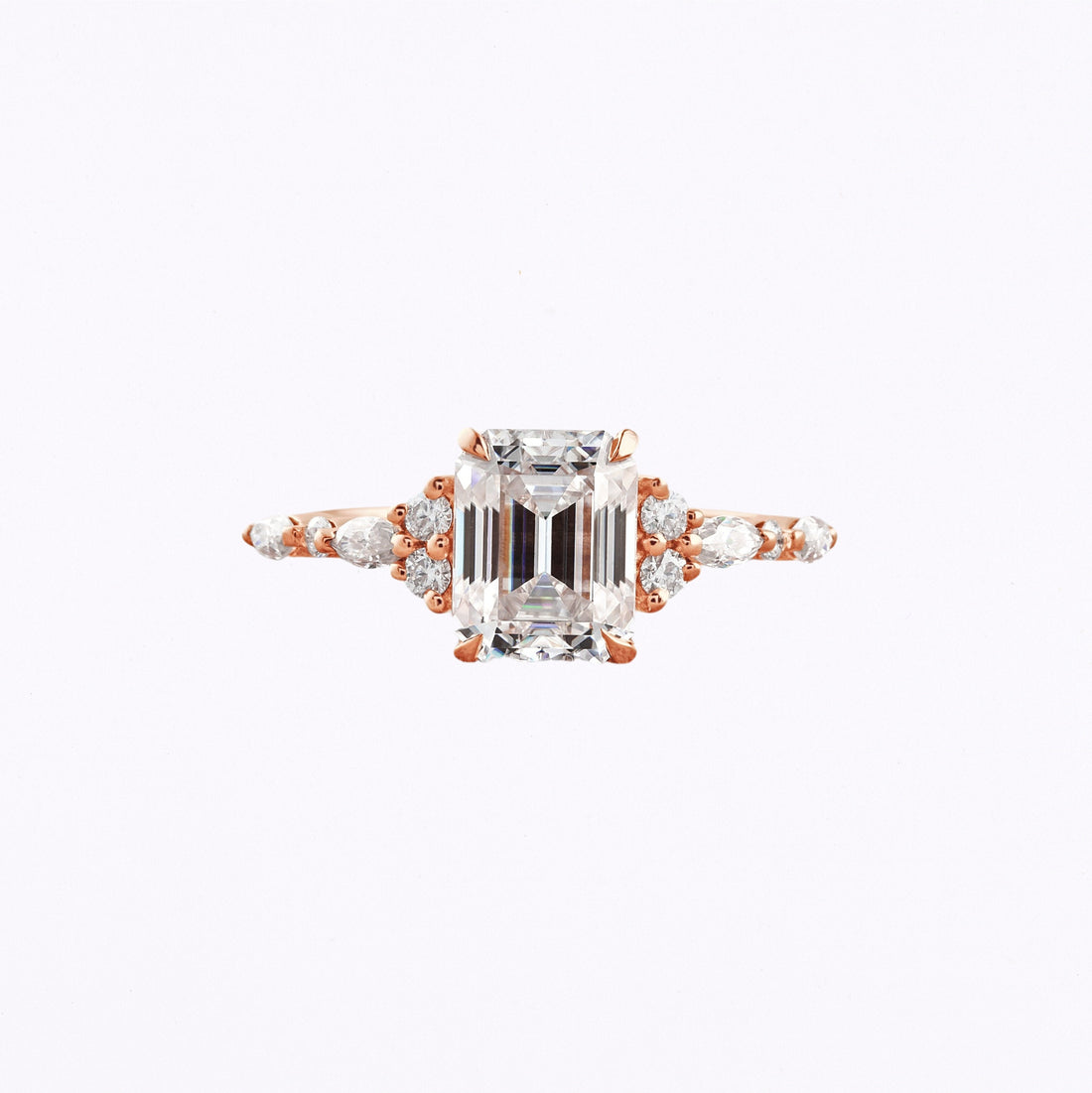 2.3 CT Emerald Cut Cluster Moissanite Engagement Ring Rose Gold