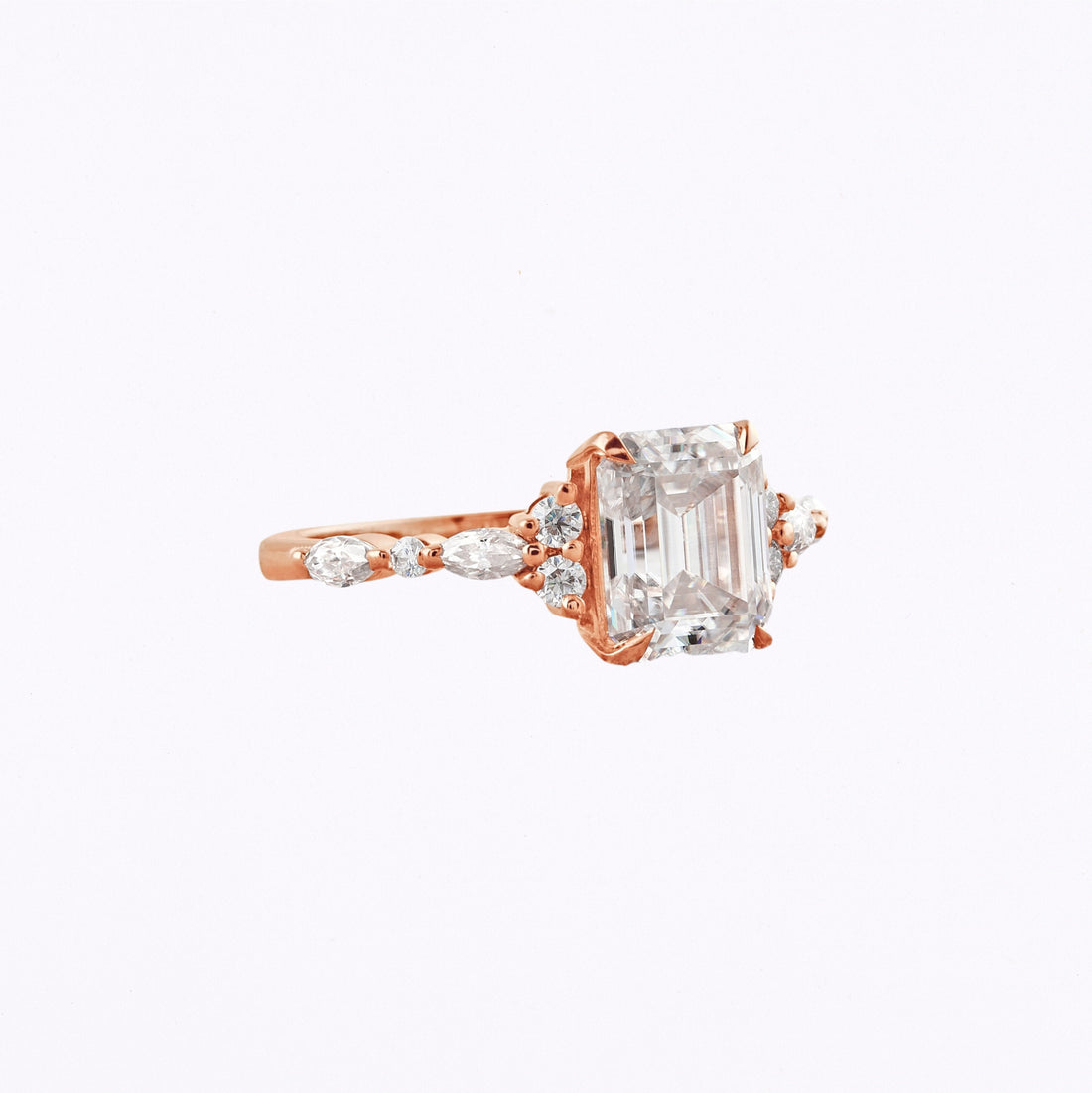 2.3 CT Emerald Cut Cluster Moissanite Engagement Ring Rose Gold