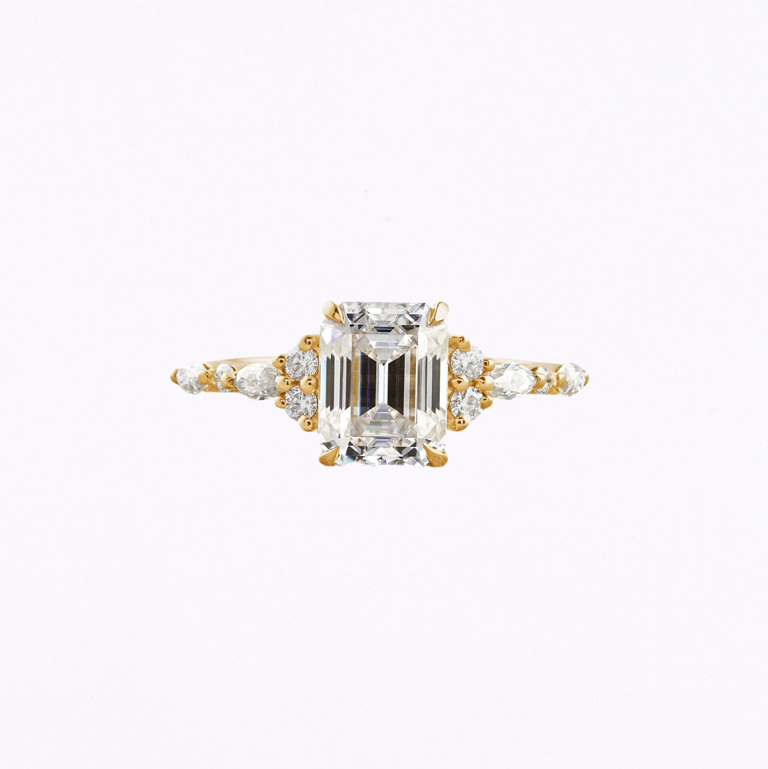 2.3 CT Emerald Cut Cluster Moissanite Engagement Ring Yellow Gold