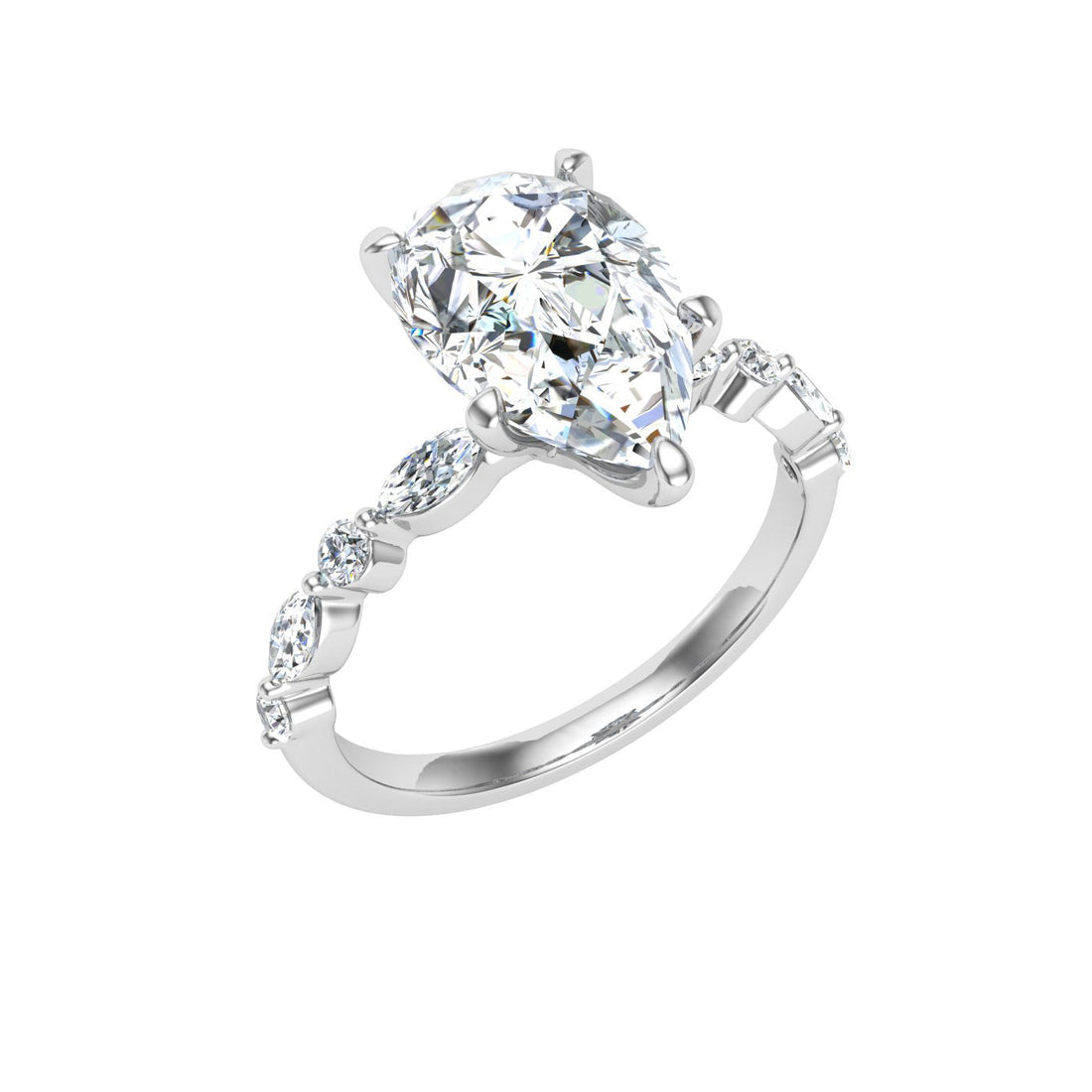 Moondrop Pear Cut Side Stones Moissanite Engagement Ring White Gold