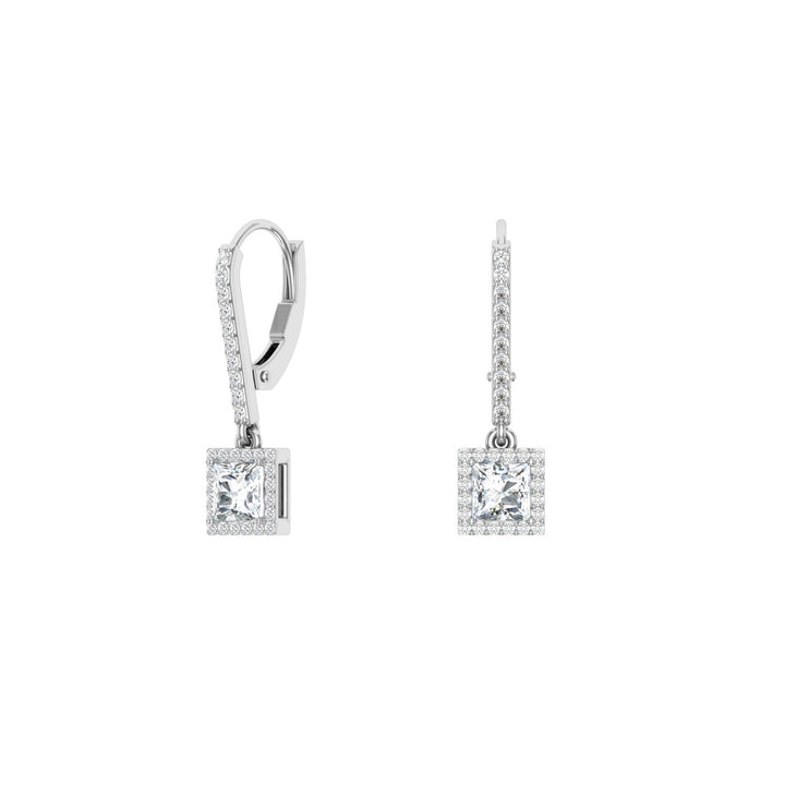 Princess Cut Halo Moissanite Drops White Gold