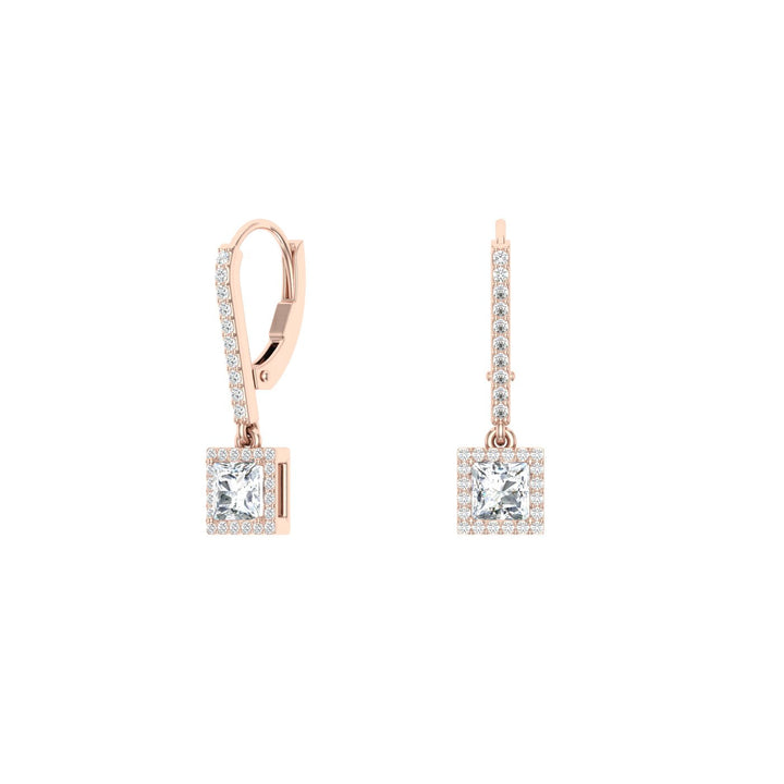 Princess Cut Halo Moissanite Drops Rose Gold