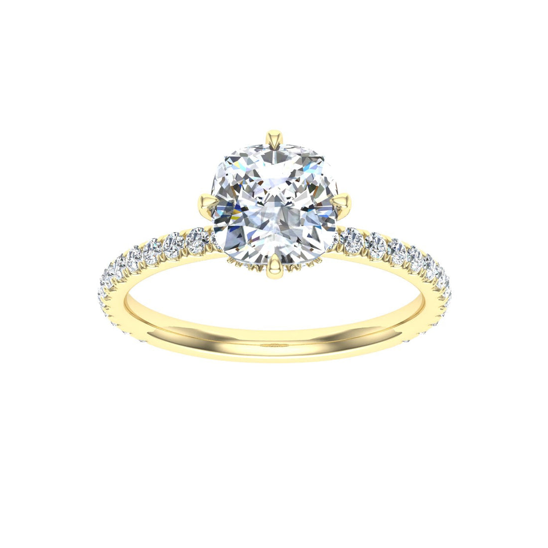 Shine Cushion Cut Compass Prong Moissanite Engagement Ring Yellow Gold