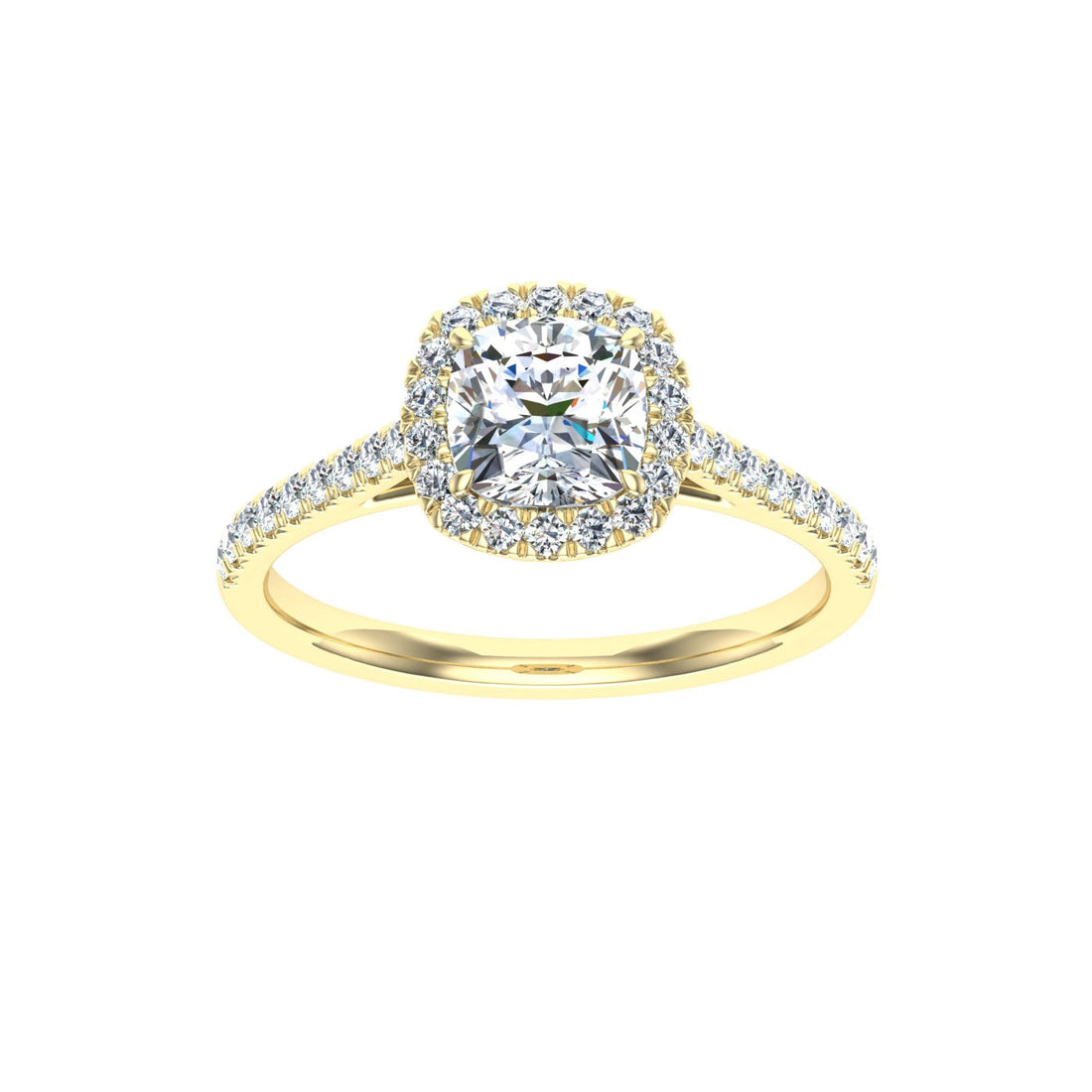 Jewel Cushion Cut Halo Moissanite Engagement Ring Yellow Gold