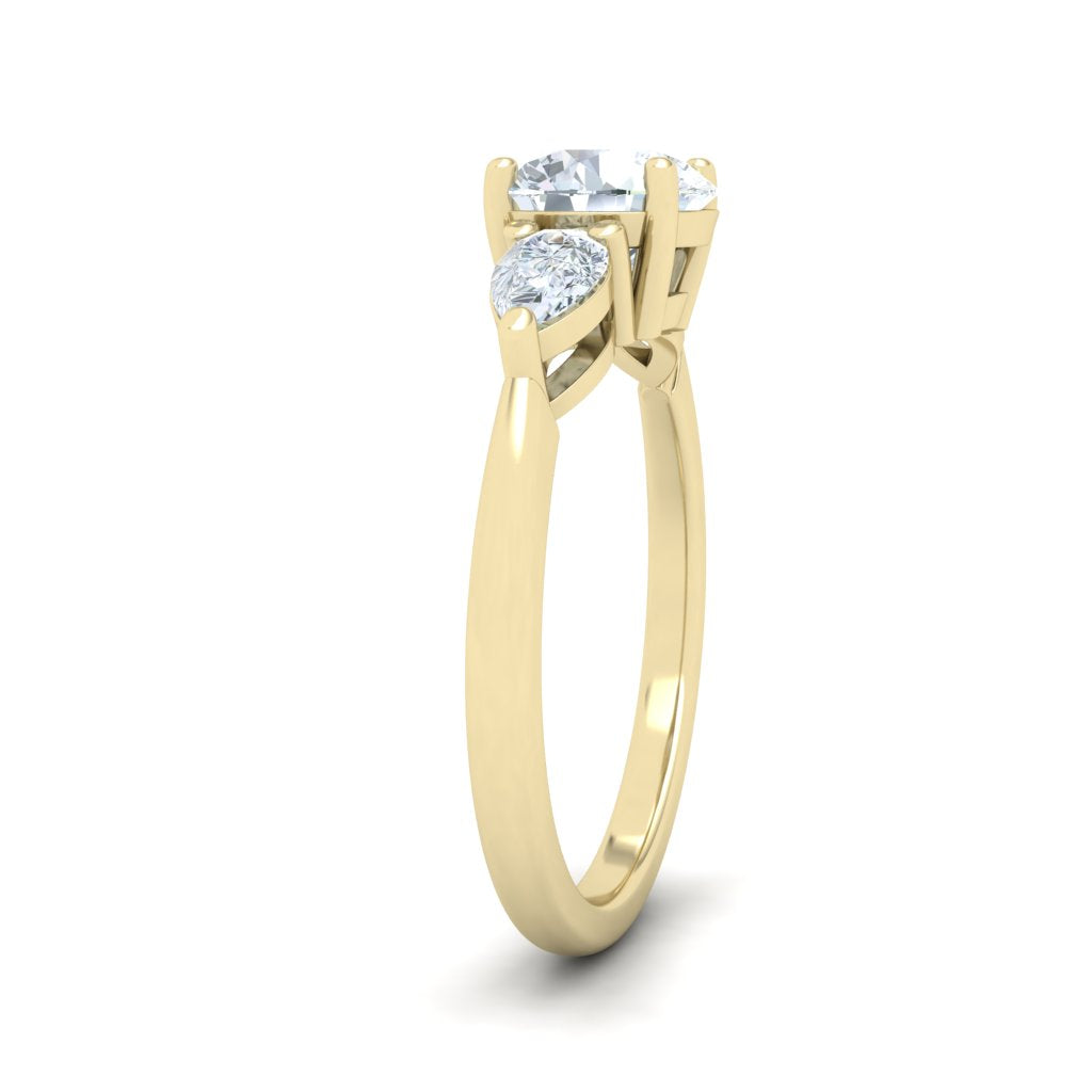 Splendor Round 3 Stone Pear Moissanite Engagement Ring Yellow Gold