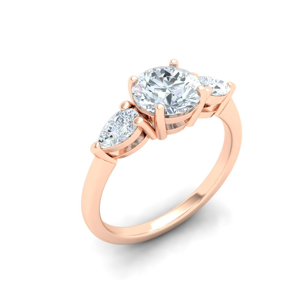 Splendor Round 3 Stone Pear Moissanite Engagement Ring Rose Gold