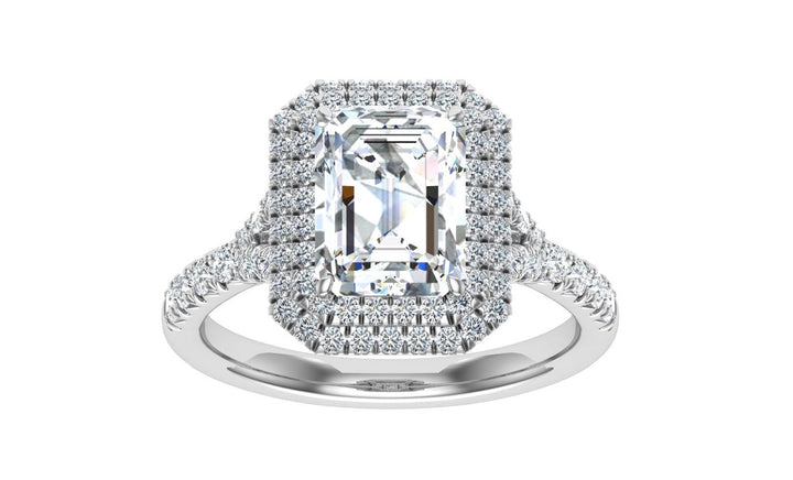 Forever Emerald Cut Double Halo Moissanite Engagement Ring White Gold