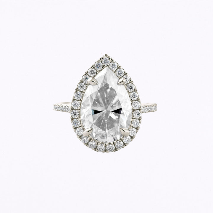 6.15 CT Pear Cut Halo & Pave Moissanite Engagement Ring In White Gold