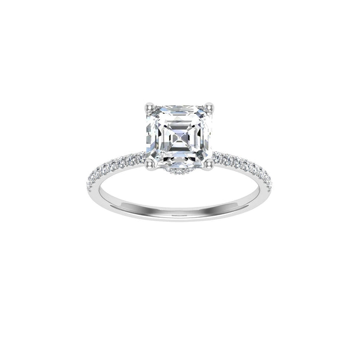 Serendipity Asscher Cut Hidden Halo Moissanite Engagement Ring White Gold