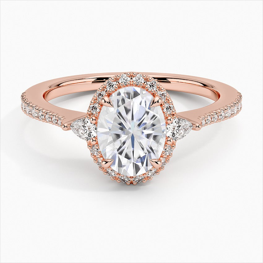 Allegro Oval Cut Colorless Halo Moissanite Engagement Ring Rose Gold