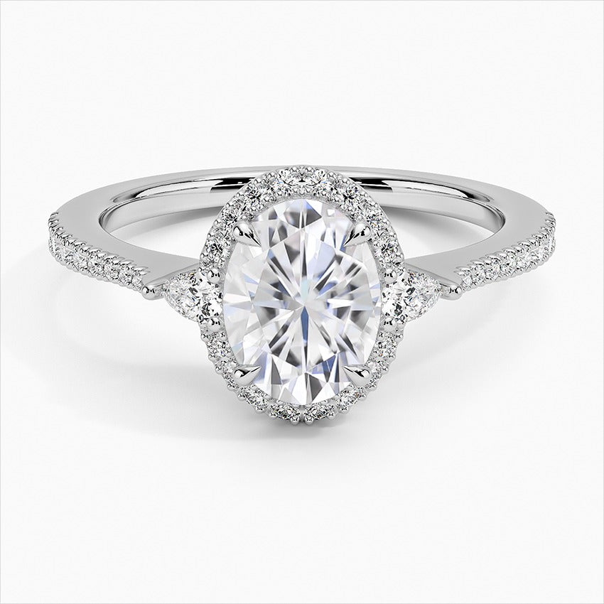 Allegro Oval Cut Colorless Halo Moissanite Engagement Ring White Gold