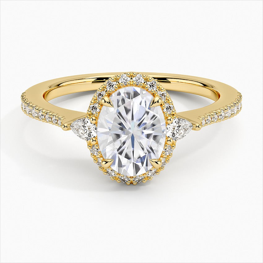 Allegro Oval Cut Colorless Halo Moissanite Engagement Ring Yellow Gold