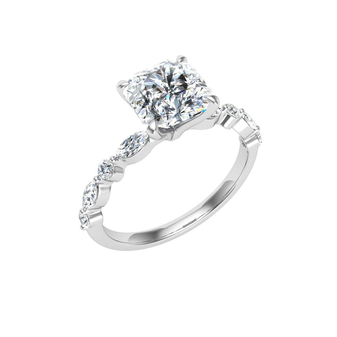 Amore Asscher Cut Side Stones Moissanite Engagement Ring White Gold