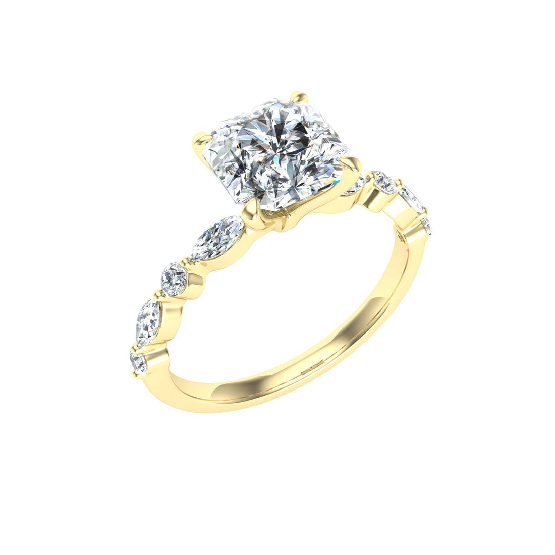 Amore Asscher Cut Side Stones Moissanite Engagement Ring Yellow Gold