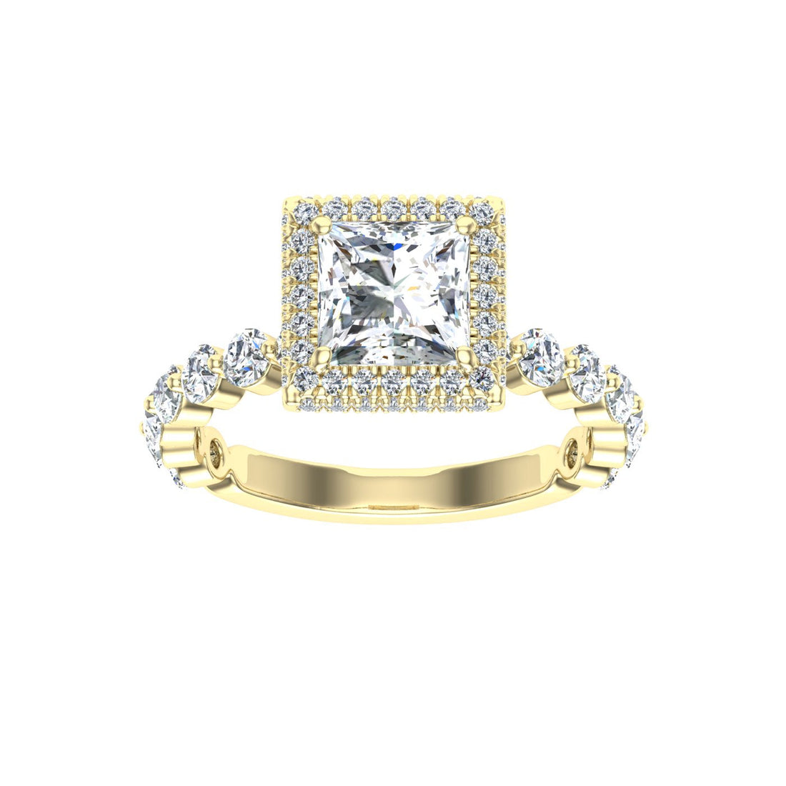 Amulet Princess Cut Double Edge Halo Moissanite Engagement Ring Yellow Gold