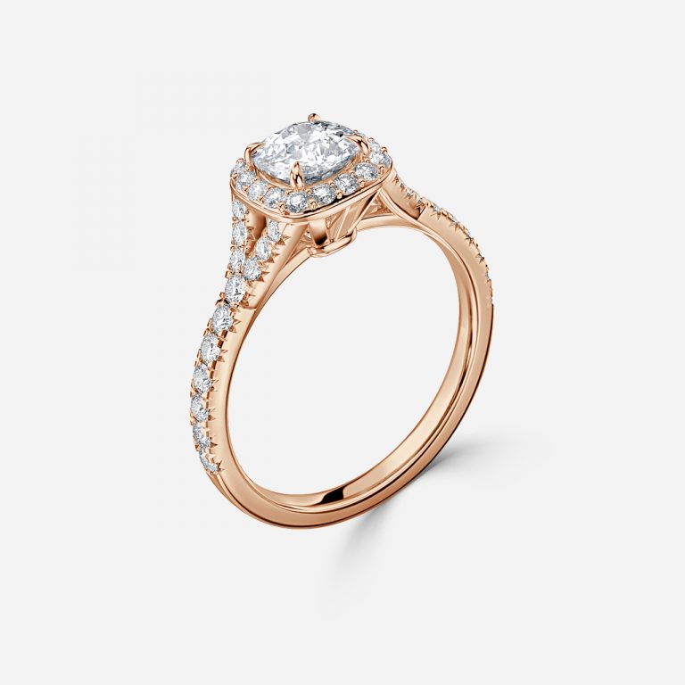 Arpels Cushion Halo Moissanite Engagement Ring Rose Gold