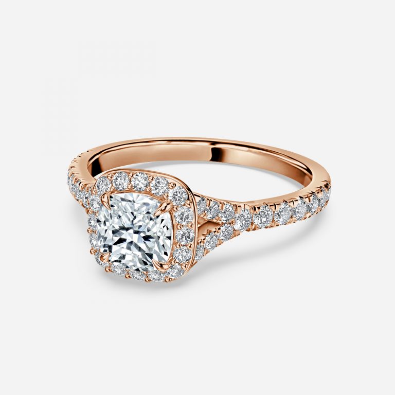 Arpels Cushion Halo Moissanite Engagement Ring Rose Gold