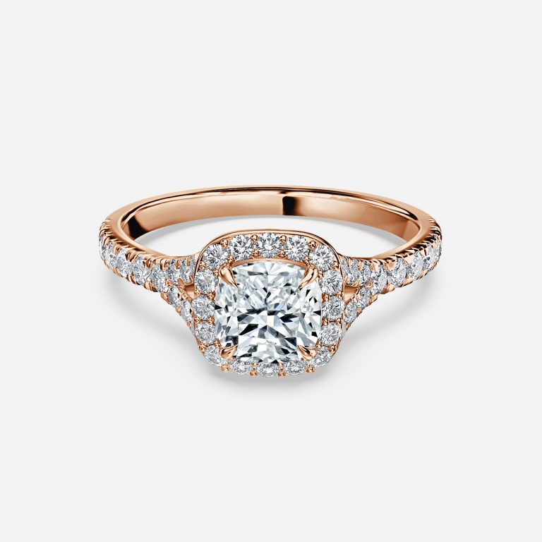 Arpels Cushion Halo Moissanite Engagement Ring Rose Gold