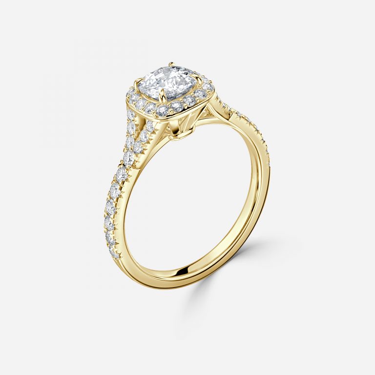 Arpels Cushion Halo Moissanite Engagement Ring Yellow Gold