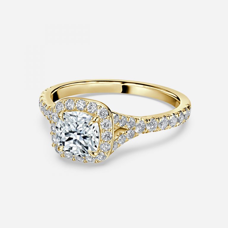 Arpels Cushion Halo Moissanite Engagement Ring Yellow Gold