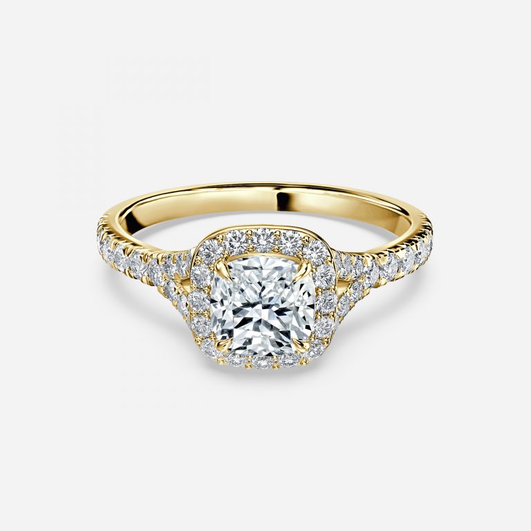 Arpels Cushion Halo Moissanite Engagement Ring Yellow Gold