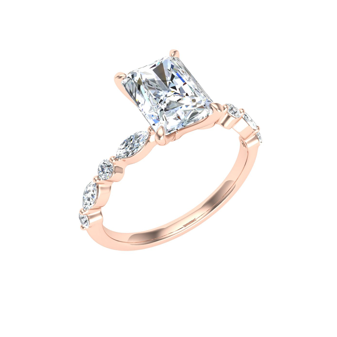 Aura Radiant Cut Side Stones Moissanite Engagement Ring Rose Gold