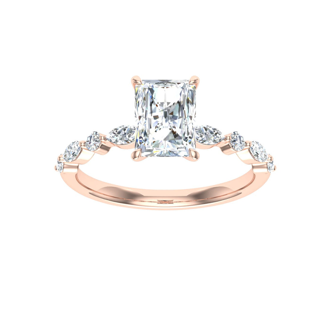 Aura Radiant Cut Side Stones Moissanite Engagement Ring Rose Gold