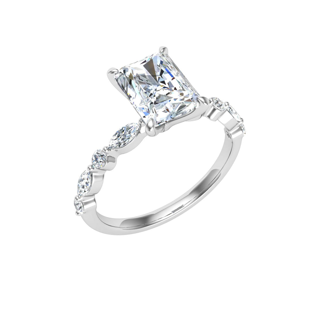 Aura Radiant Cut Side Stones Moissanite Engagement Ring White Gold